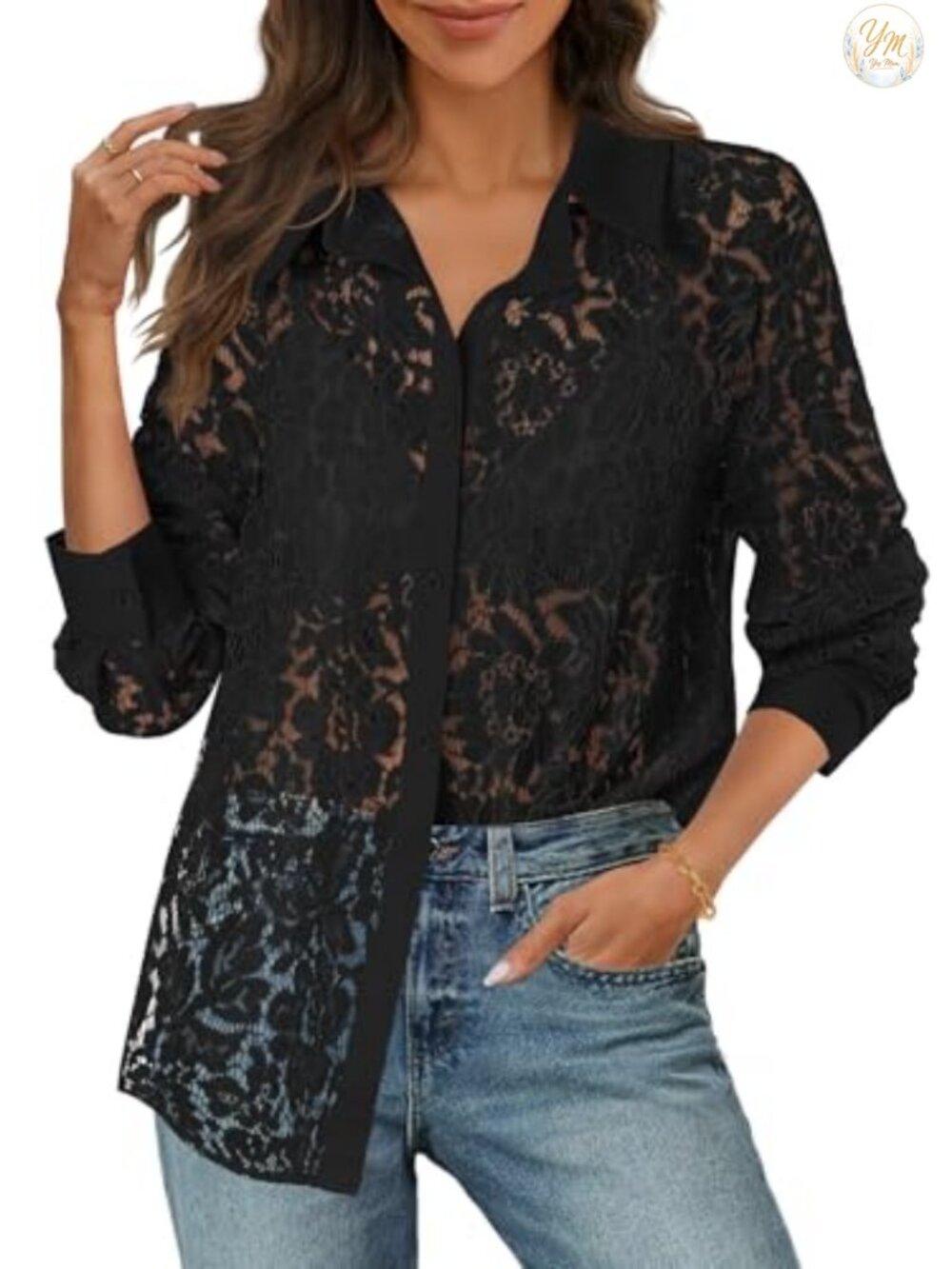 Lace Button Down Blouse Long Sleeve Sheer Floral Top for Work Party